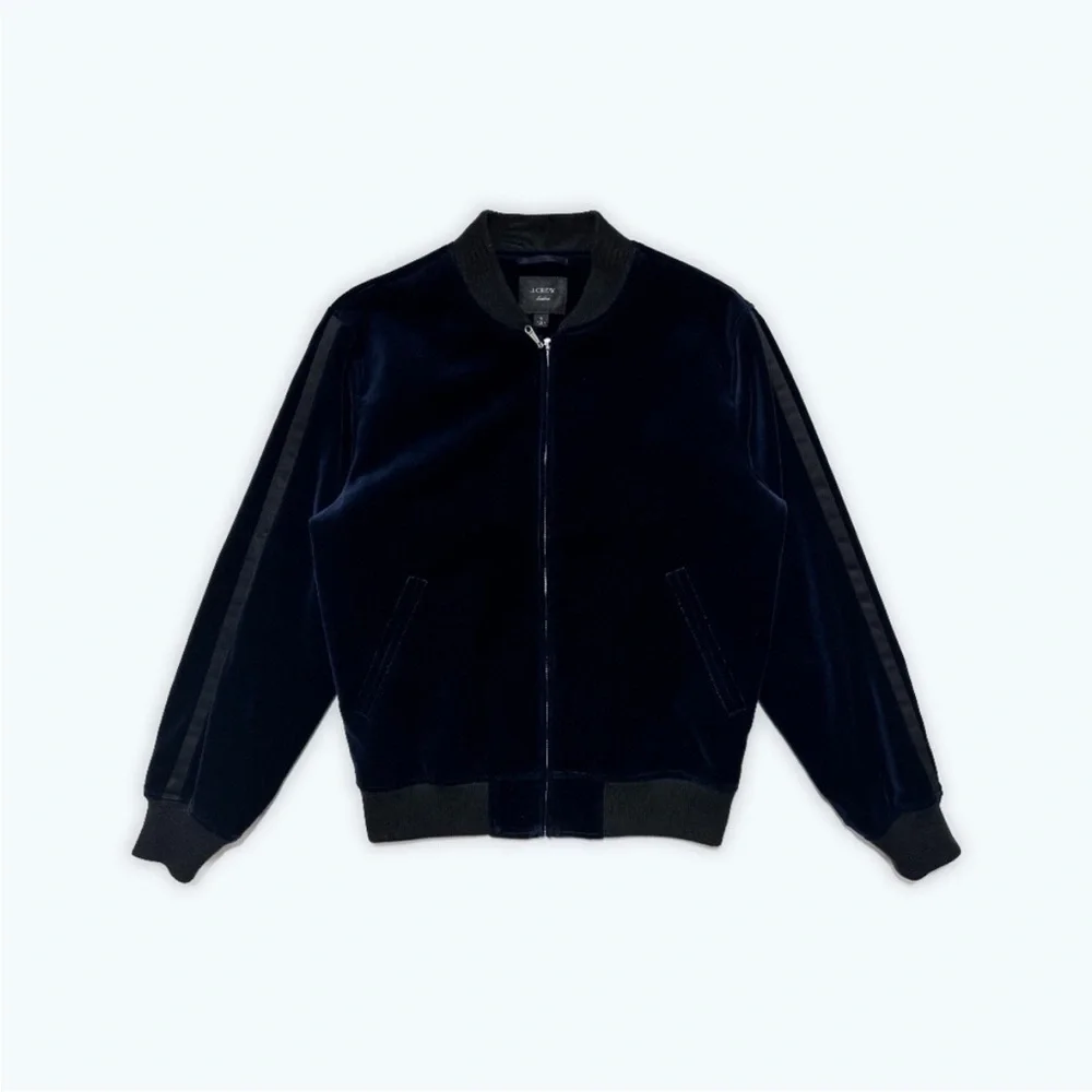 J. Crew Ludlow Navy Velvet Bomber Jacket with Tuxedo Stripe, size L